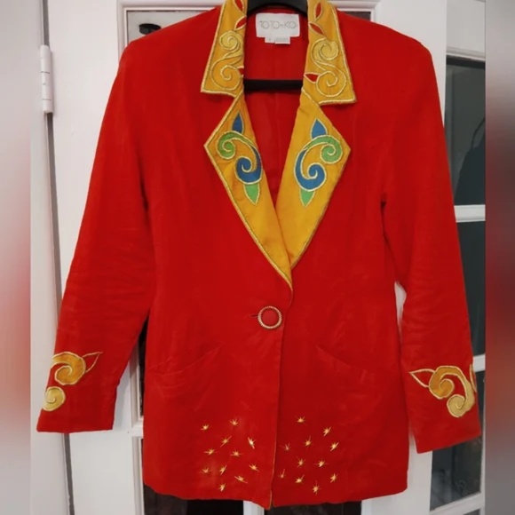 Vintage Jackets & Blazers - Vintage Linen Vibrant Red Embroidered Blazer Size 6